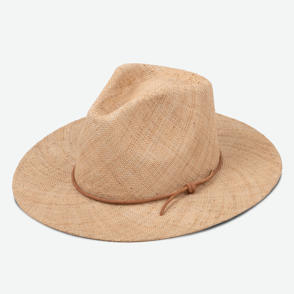 Beige straw hat with a brown band on a light gray background