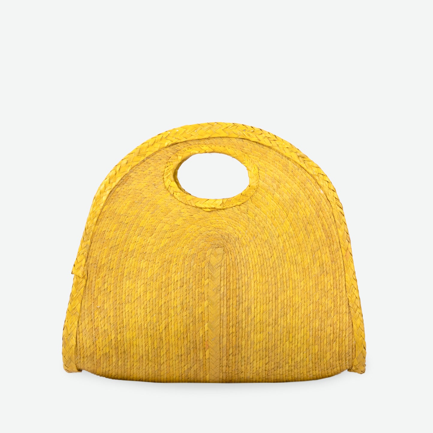 Yellow handheld crescent straw tote bag, woven from palm and dyed with organic colors. Summer-ready design by Per Lei New York.